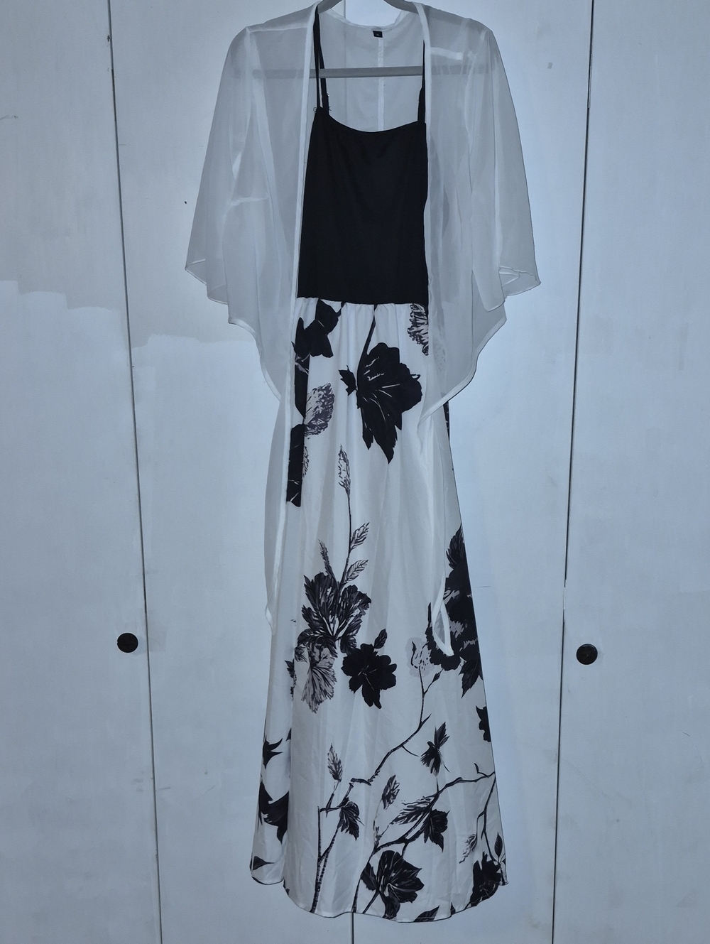 Elegant Black & White Floral Maxi Dress with Sheer Cape